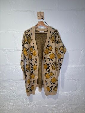 Amaryllis Beige Open-Front Cardigan with Mustard Floral Motif